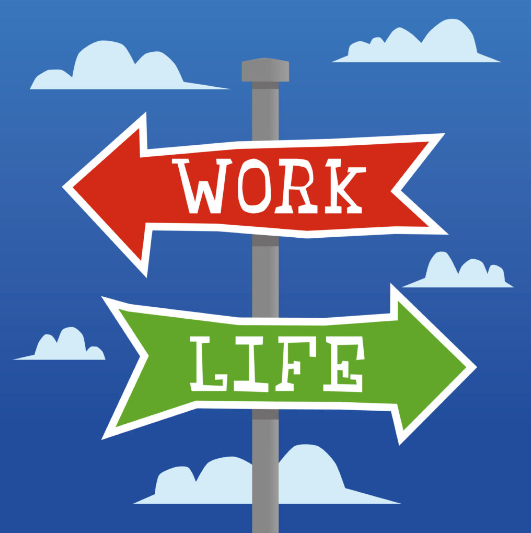 A signpost in front of blue sky and clouds, where a left-pointing red arrow says Work and a right-pointing green arrow says Life.